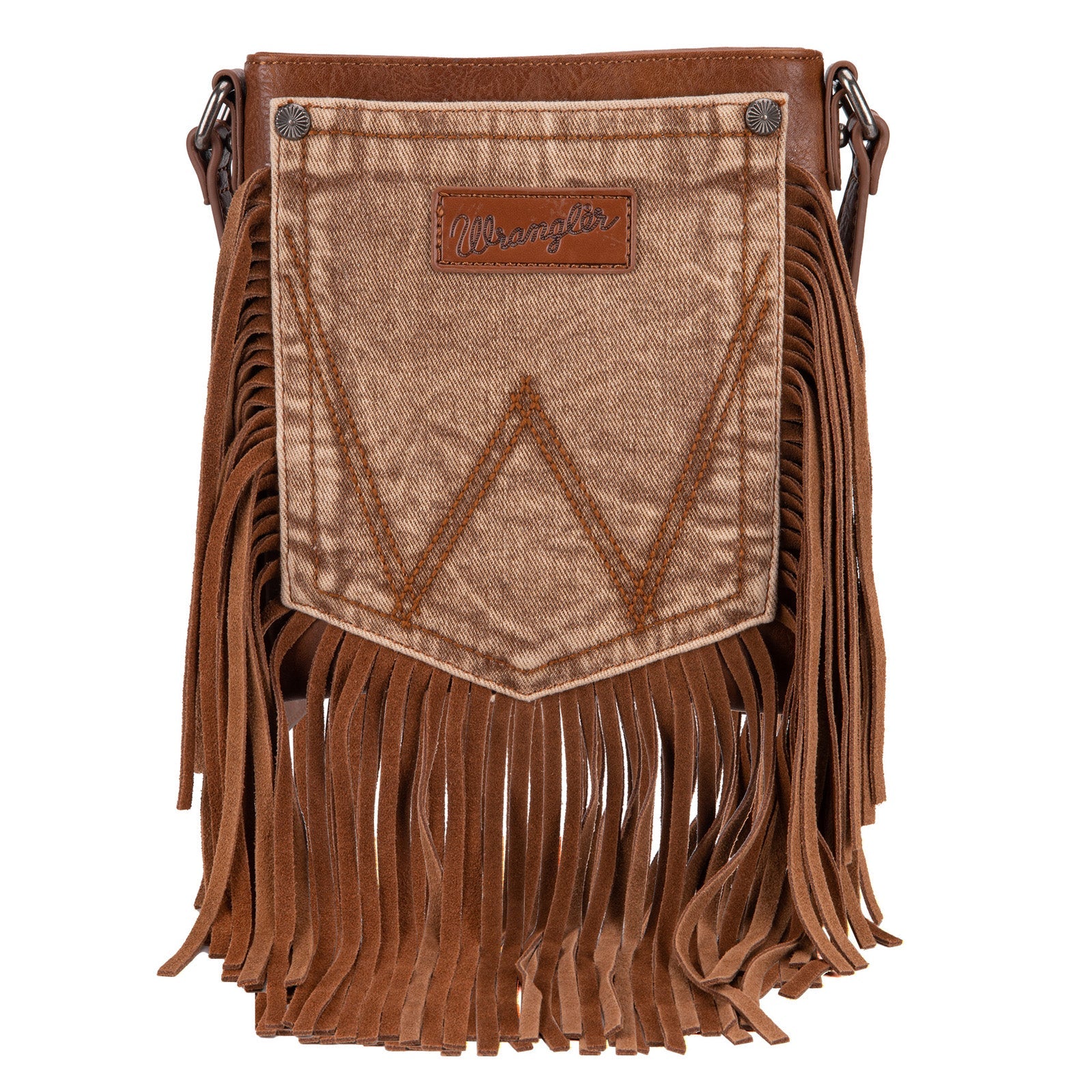 Wrangler Light Brown Leather Fringe Jean Denim Pocket Crossbody - Montana West World