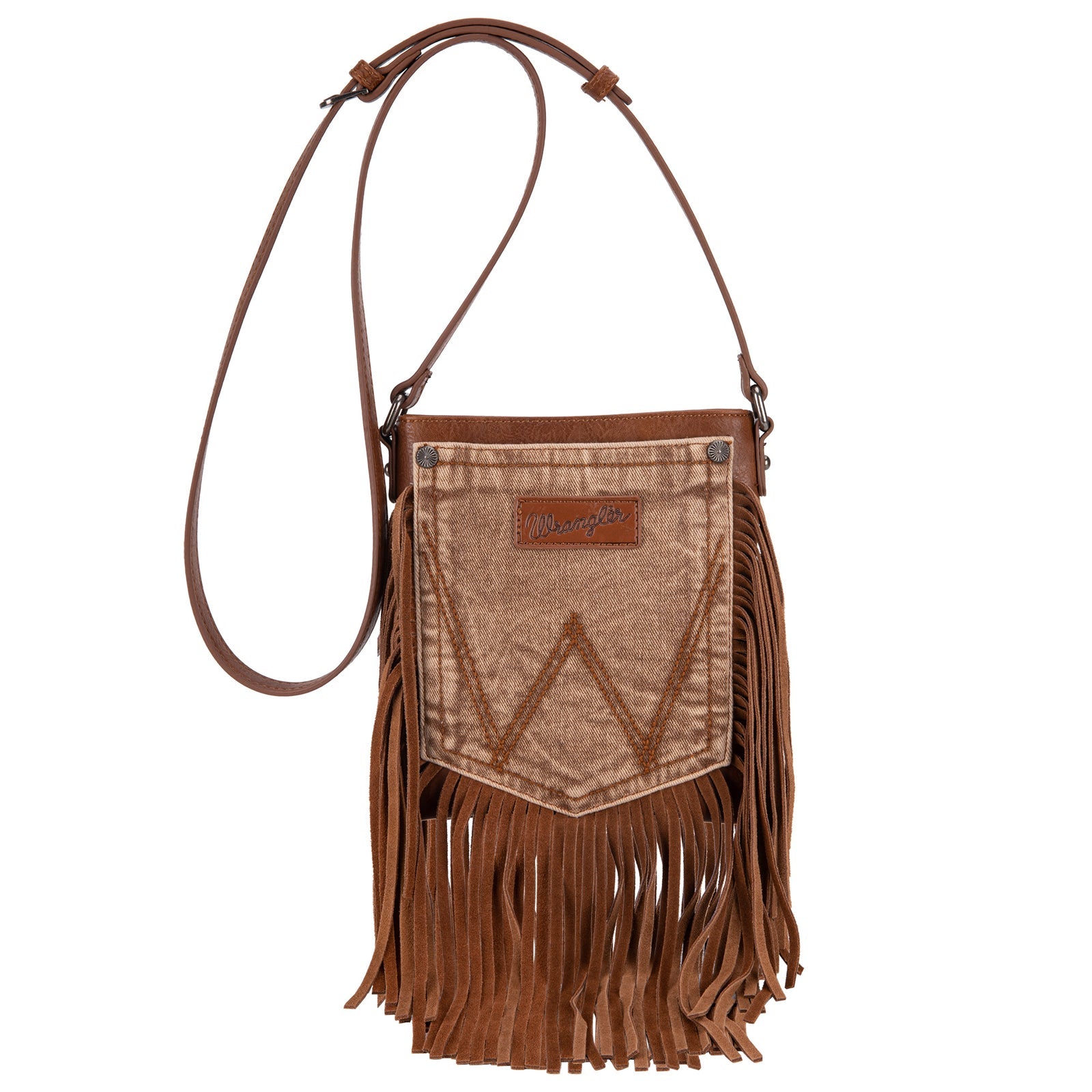 Wrangler Light Brown Leather Fringe Jean Denim Pocket Crossbody - Montana West World