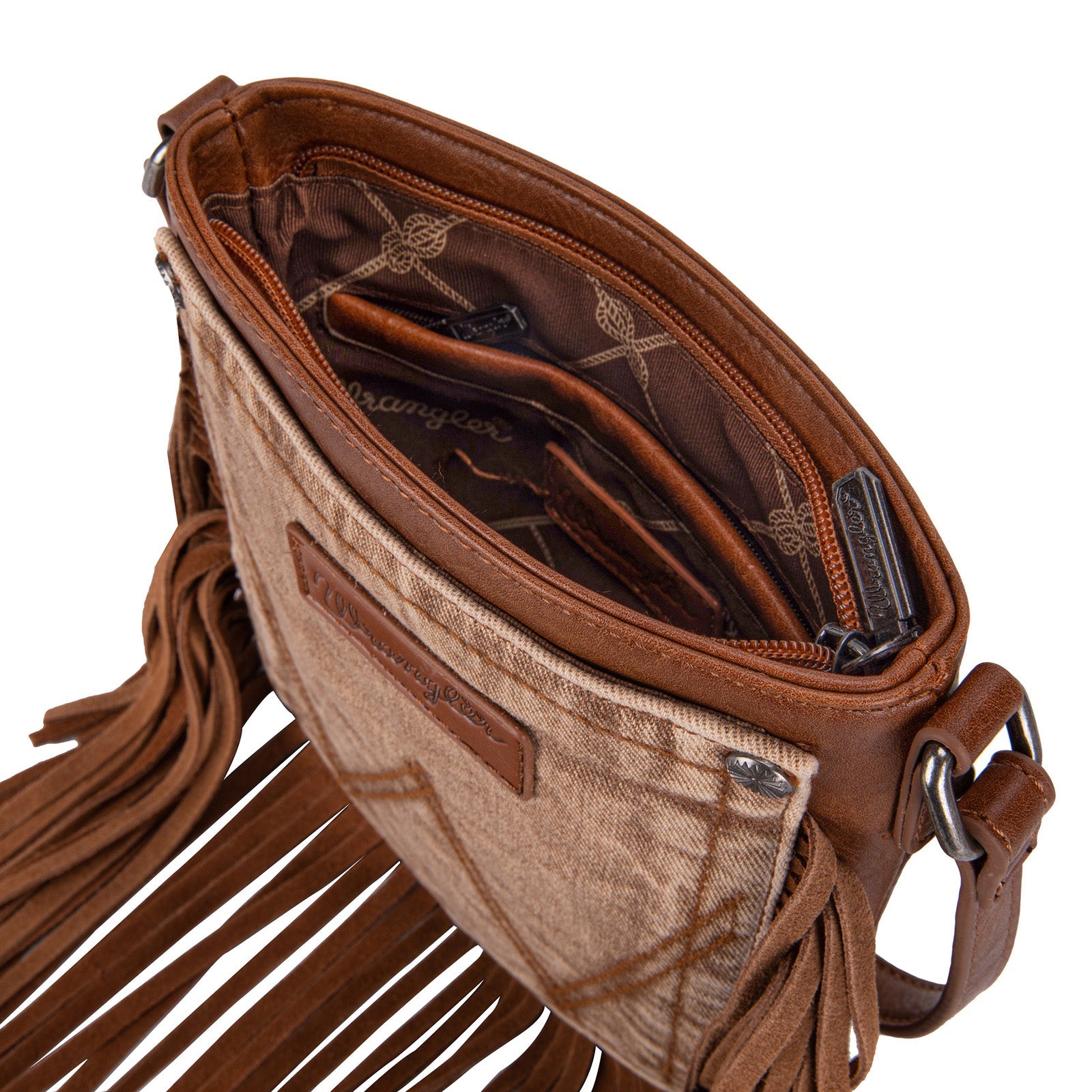 Wrangler Light Brown Leather Fringe Jean Denim Pocket Crossbody - Montana West World