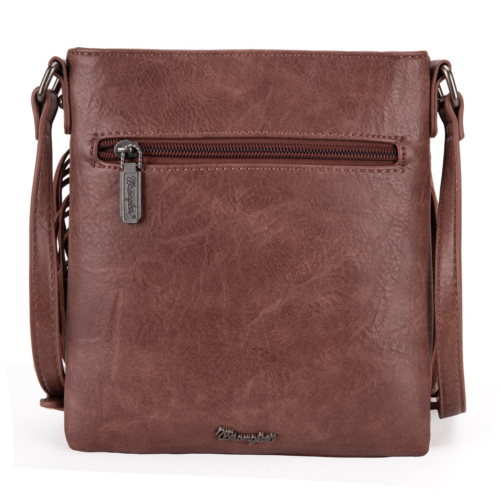 Wrangler Light Coffee Leather Fringe Jean Denim Pocket Crossbody - Montana West World