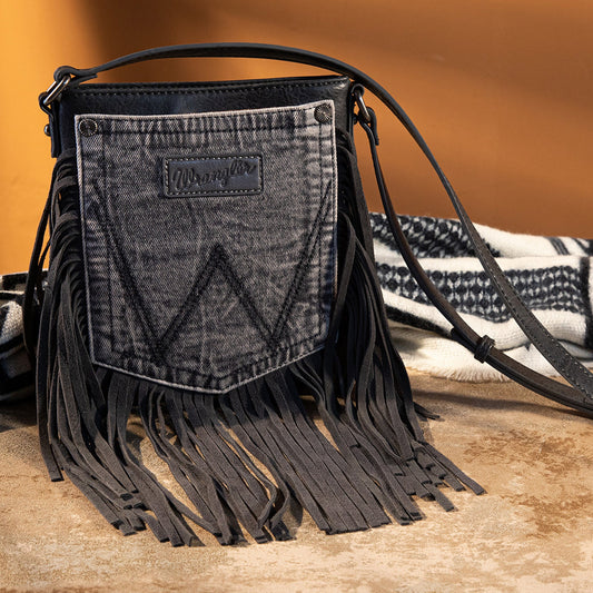 Wrangler Light Black Leather Fringe Jean Denim Pocket Crossbody - Montana West World