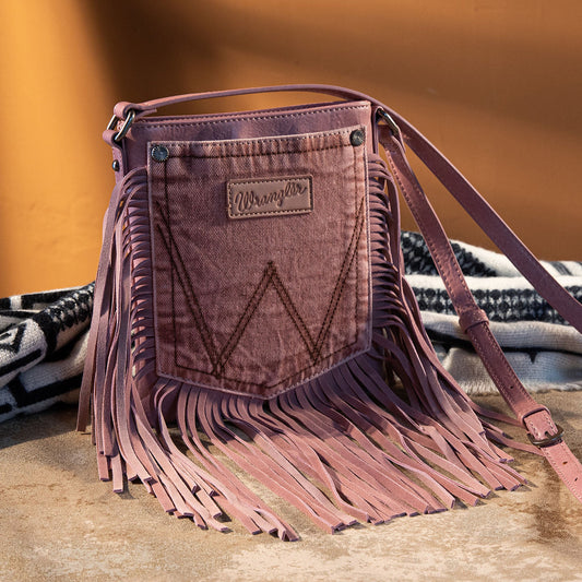 Wrangler Pink Leather Fringe Jean Denim Pocket Crossbody