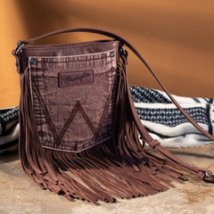 Wrangler Light Coffee Leather Fringe Jean Denim Pocket Crossbody - Montana West World