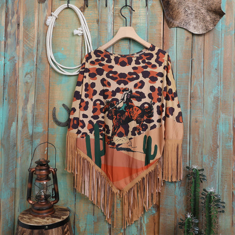 Montana West Leopard Rodeo Graphic Fringe Poncho - Montana West World