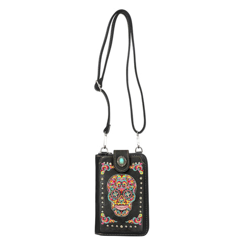 American Bling Turquoise Embroidered Sugar Skull Crossbody Phone Wallet - Montana West World