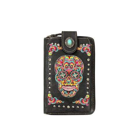 American Bling Embroidered Sugar Skull Crossbody Phone Wallet - Montana West World