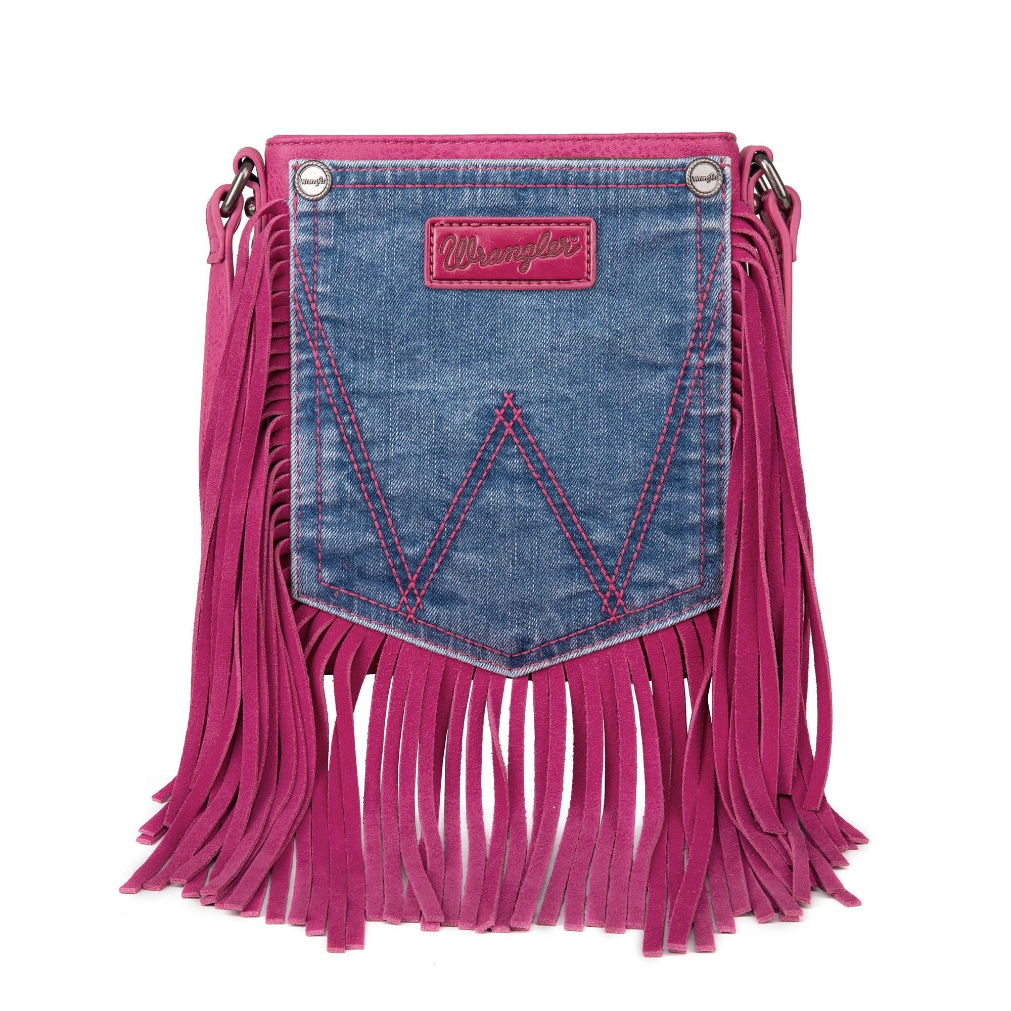 Wrangler Hot Pink Leather Fringe Jean Denim Pocket Crossbody - Montana West World
