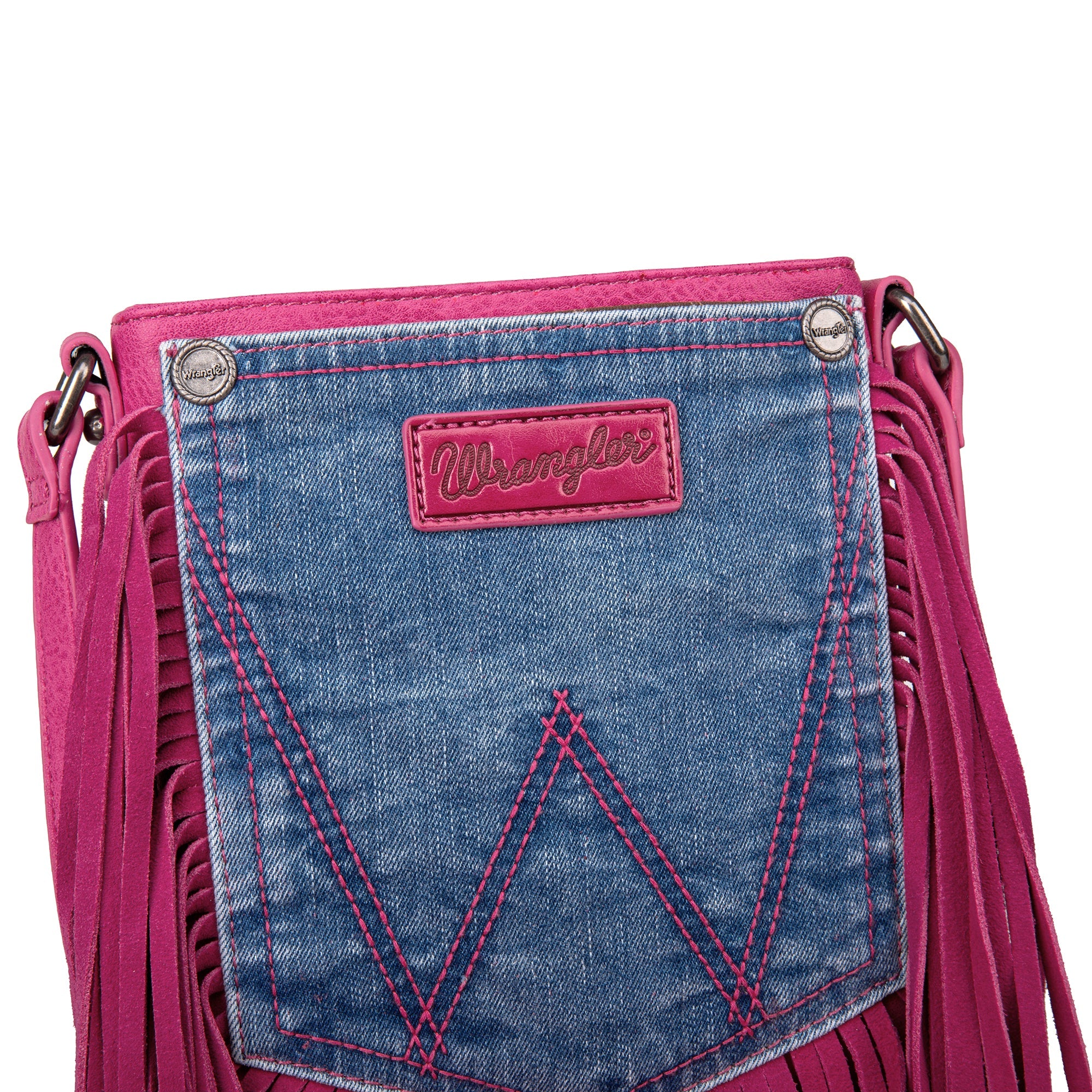Wrangler Hot Pink Leather Fringe Jean Denim Pocket Crossbody – Montana West  World