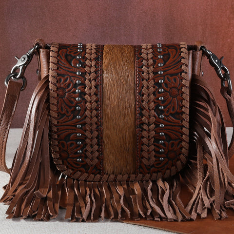 Montana West Genuine Leather Tooled Fringe Crossbody - Montana West World