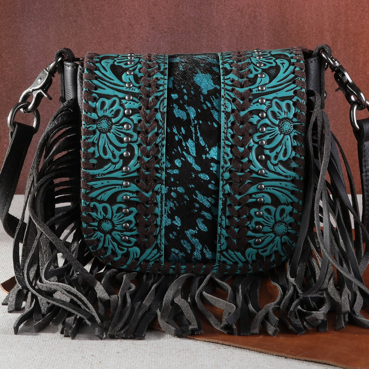 Montana West Genuine Leather Tooled Fringe Crossbody - Montana West World