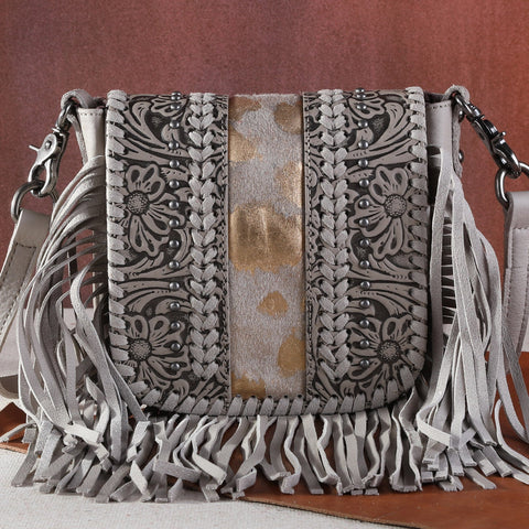 Montana West Genuine Leather Tooled Fringe Crossbody - Montana West World