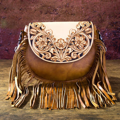 Montana West Genuine Leather Hand Tooled Fringe Saddle Bag - Montana West World
