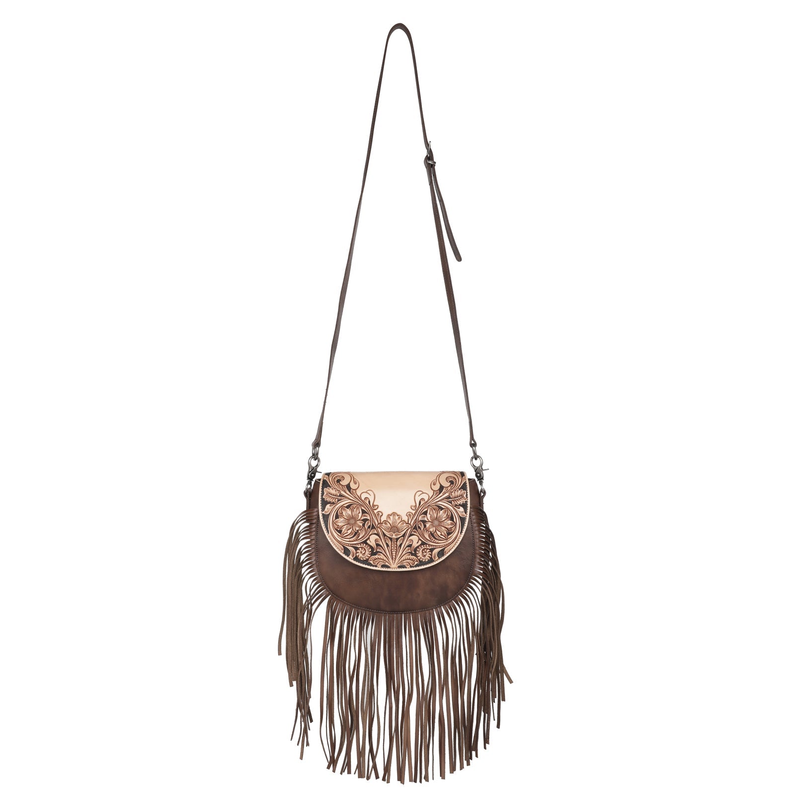 Montana West Genuine Leather Hand Tooled Fringe Saddle Bag - Montana West World