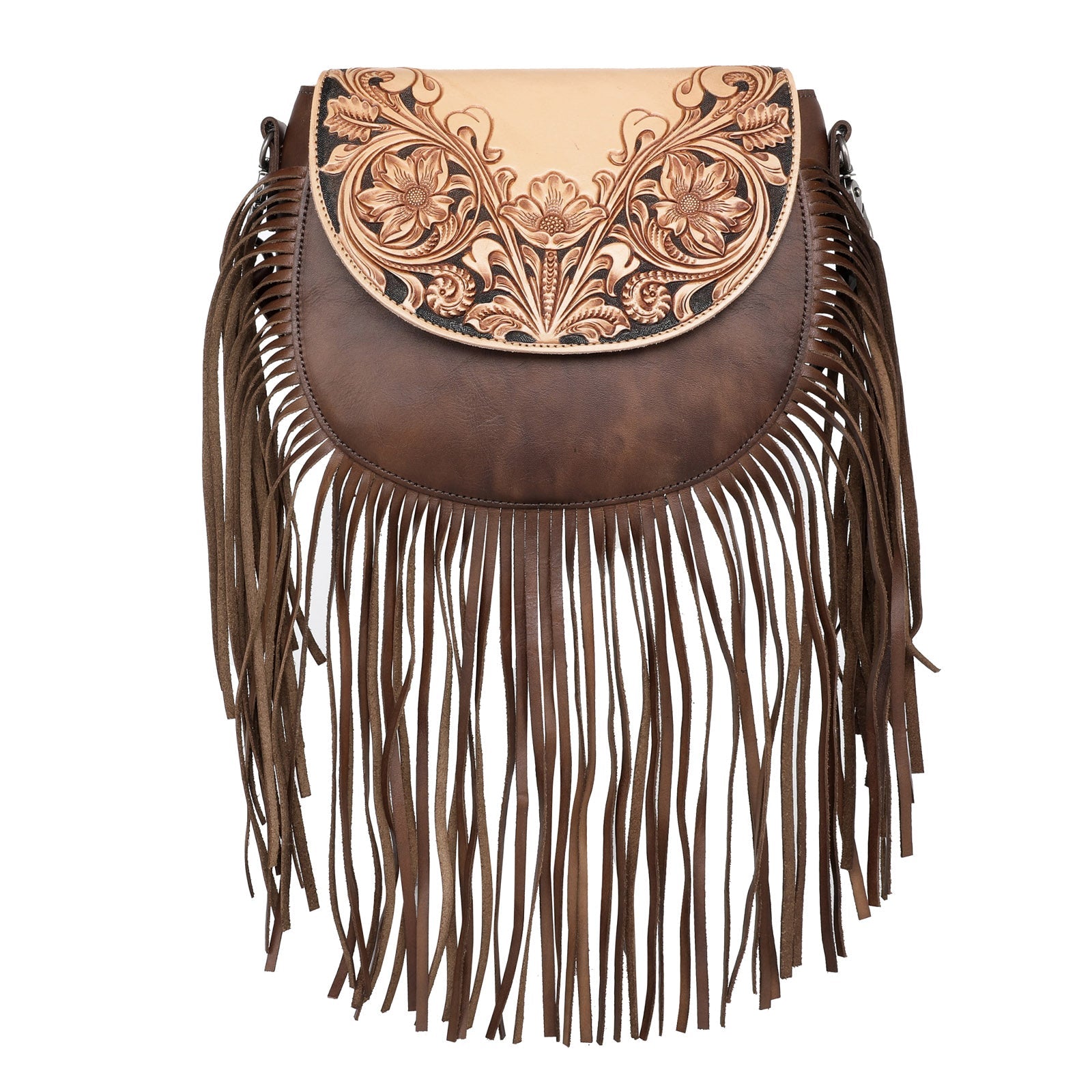 Montana West Genuine Leather Hand Tooled Fringe Saddle Bag - Montana West World