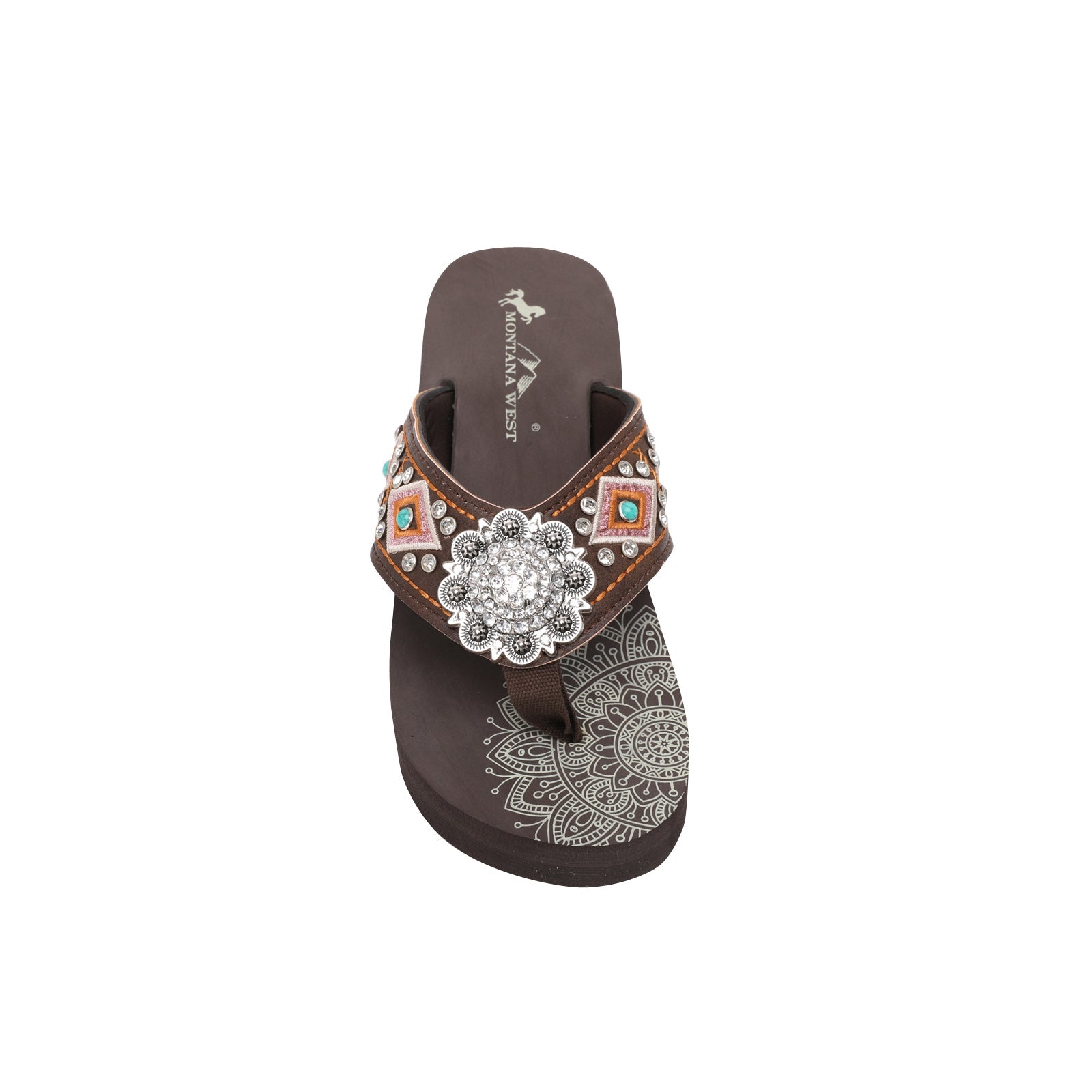 Mandala Silver Floral Rhinestones Concho Embroidered Wedge Flip-Flop - Montana West World