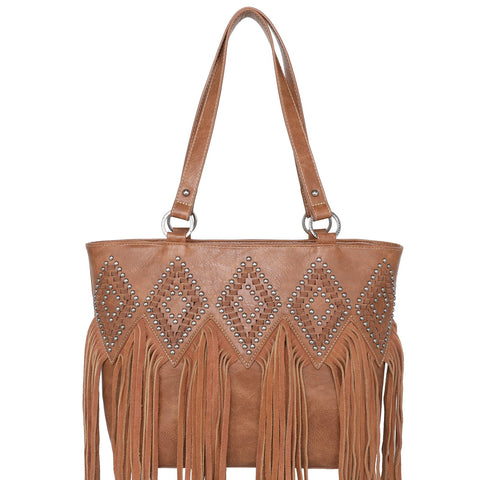 Trinity Ranch Studded Genuine Leather Fringe Tote Bag - Montana West World