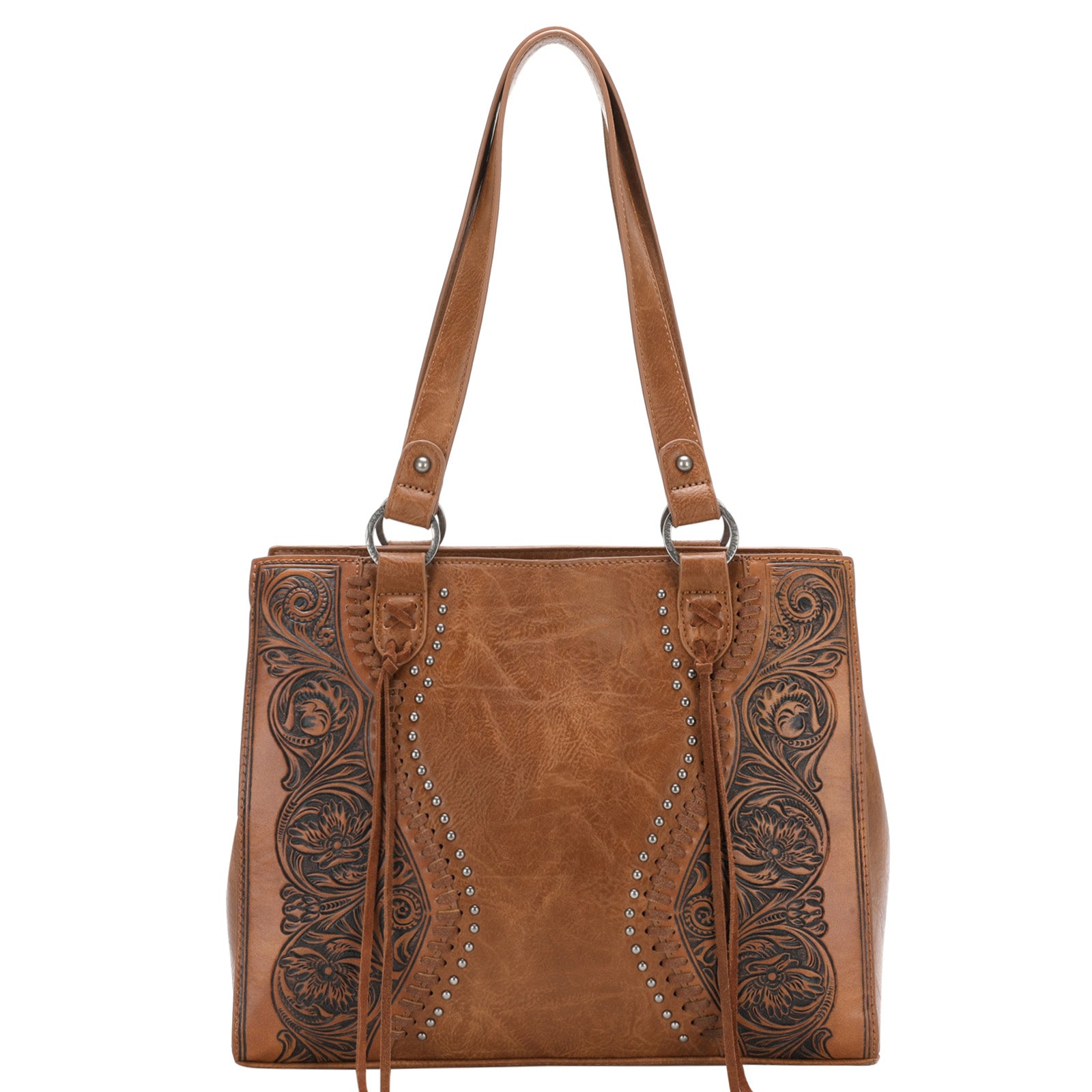 （Sale）Trinity Ranch Floral Tooled Leather Tassel Concealed Carry Tote Collection - Montana West World