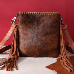 Trinity Ranch Hair-On Cowhide Fringe Carry Brown Crossbody Bag - Montana West World