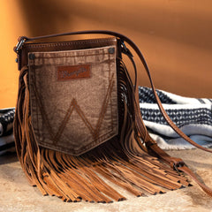 Wrangler Light Brown Leather Fringe Jean Denim Pocket Crossbody - Montana West World