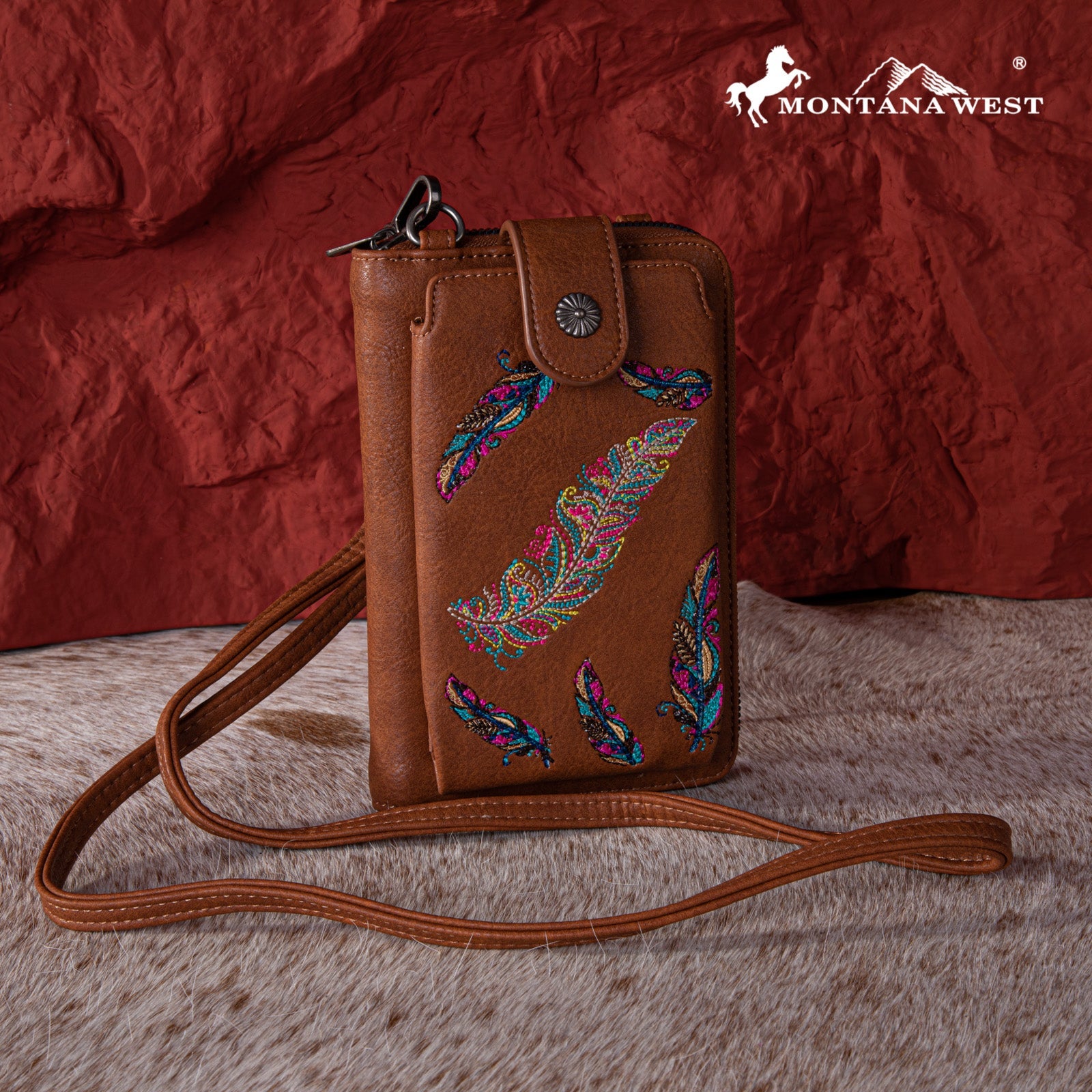 Montana West Embroidered Feather Crossbody Phone Wallet - Montana West World