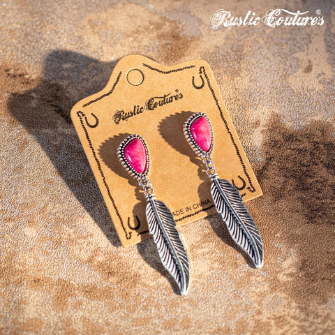 Rustic Couture's Hot Pink Nature Stone with Feather Silver Dangling Earring - Montana West World