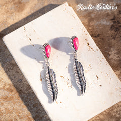 Rustic Couture's Hot Pink Nature Stone with Feather Silver Dangling Earring - Montana West World