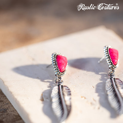 Rustic Couture's Hot Pink Nature Stone with Feather Silver Dangling Earring - Montana West World