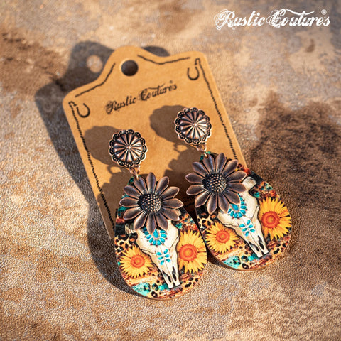 Rustic Couture's Metal Sunflower Wood Painted Bull Skull Dangling Earring - Montana West World