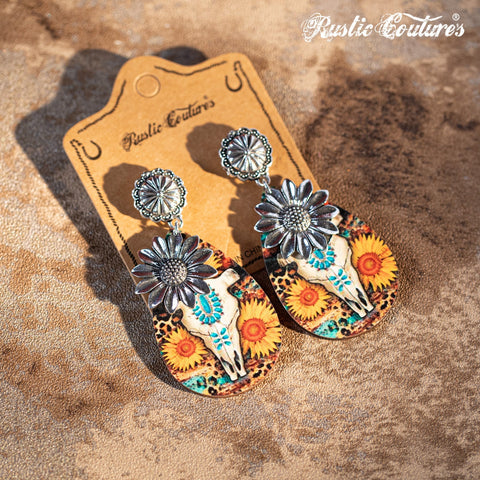 Rustic Couture's Metal Sunflower Wood Painted Bull Skull Dangling Earring - Montana West World