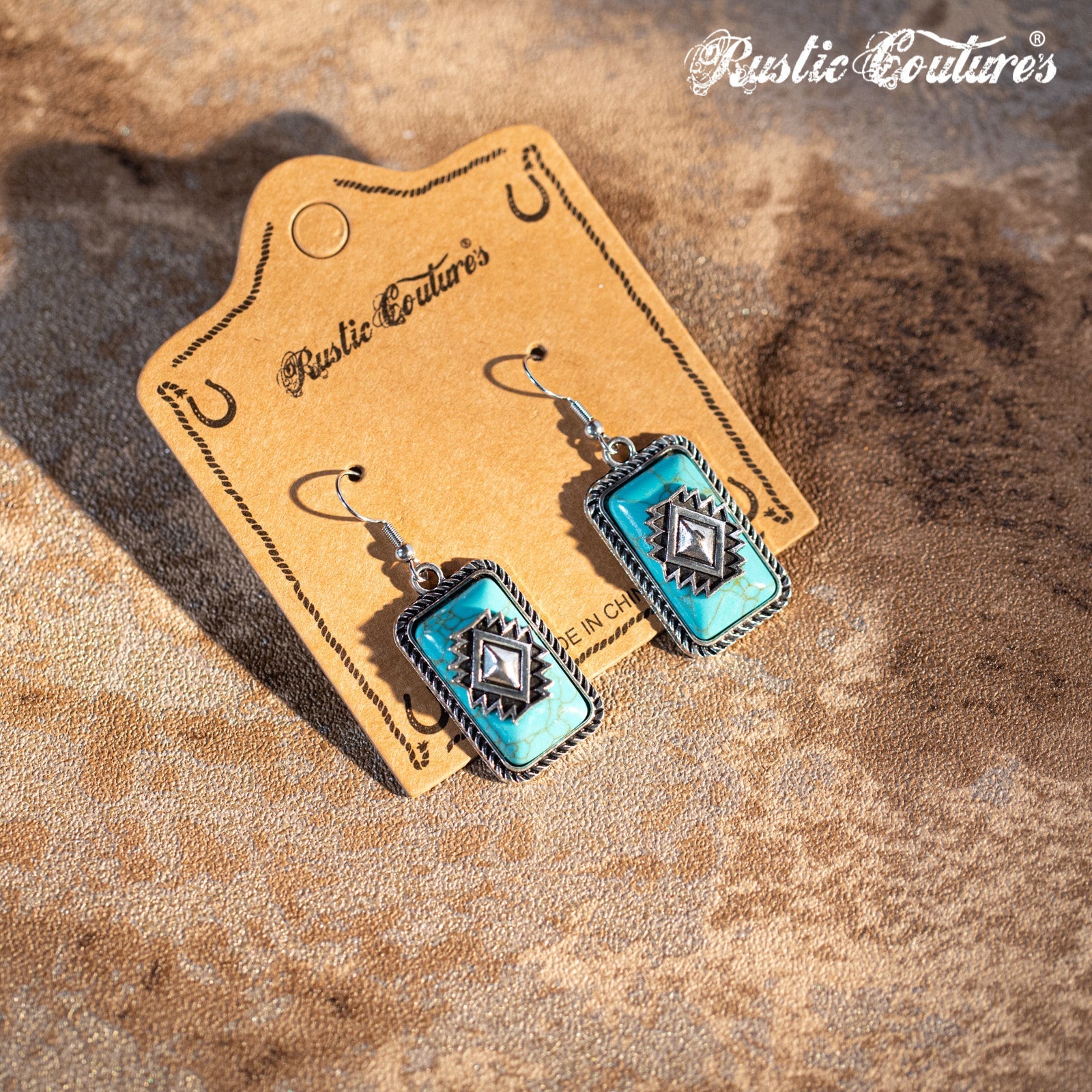Rustic Couture's Bohemian Rectangle Dangle Aztec Turquoise Stone Earring - Montana West World
