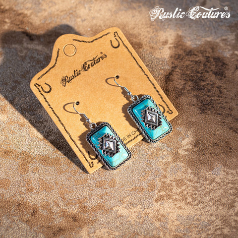 Rustic Couture's Bohemian Rectangle Dangle Aztec Turquoise Stone Earring - Montana West World