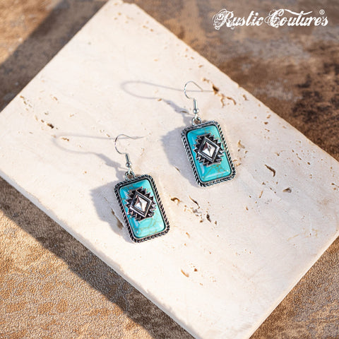 Rustic Couture's Bohemian Rectangle Dangle Aztec Turquoise Stone Earring - Montana West World