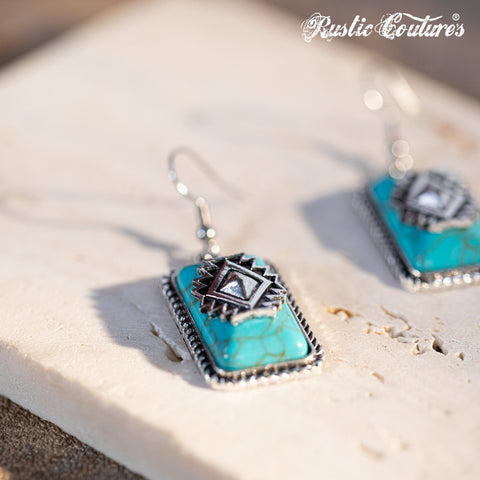 Rustic Couture's Bohemian Rectangle Dangle Aztec Turquoise Stone Earring - Montana West World