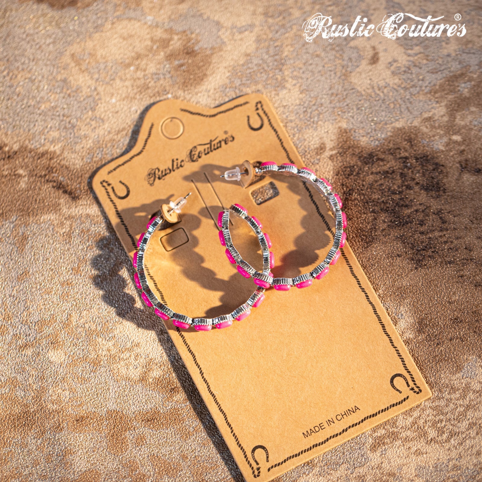 Rustic Couture's Large Silver Base Hot Pink Nature Stone Bead Hoop Earrings - Montana West World