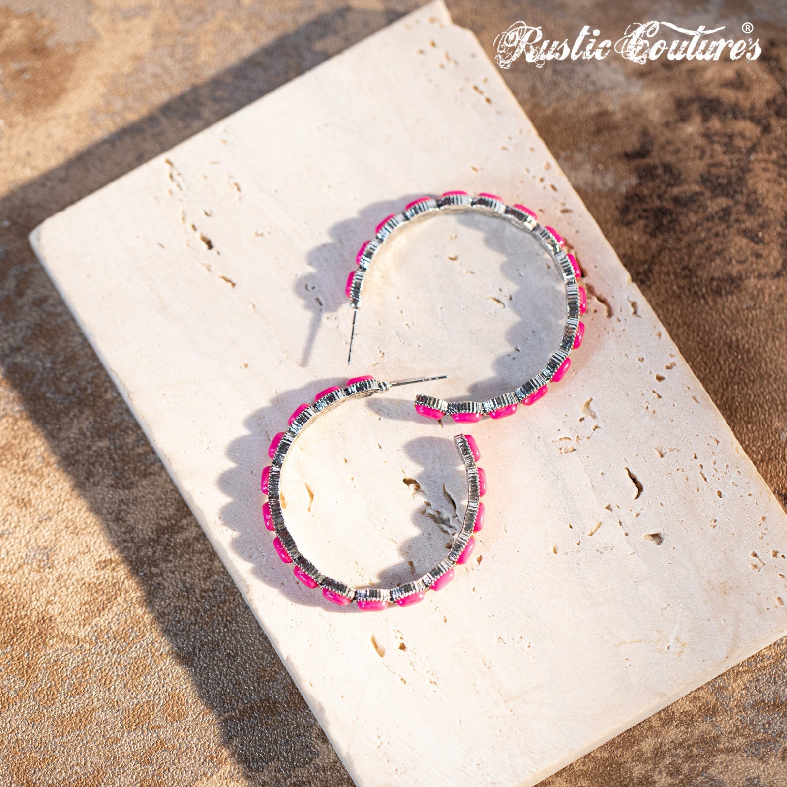 Rustic Couture's Large Silver Base Hot Pink Nature Stone Bead Hoop Earrings - Montana West World