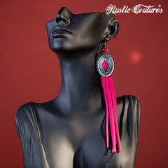 Rustic Couture's Navajo Concho Long Suede Fringe Dangle Hook Statement Earrings - Montana West World