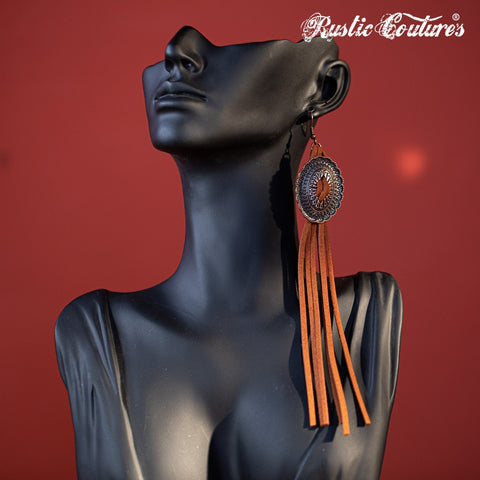 Rustic Couture's Navajo Concho Long Suede Fringe Dangle Hook Statement Earrings - Montana West World