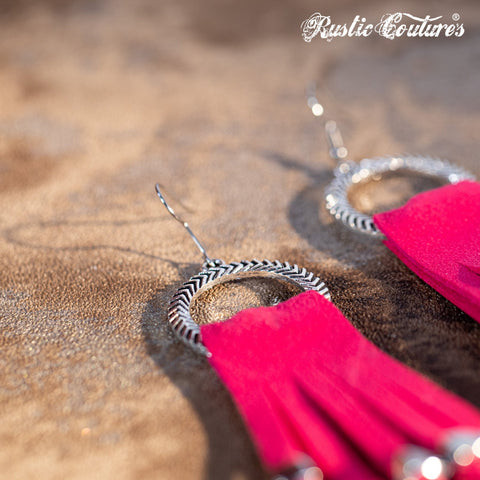 Rustic Couture's  Hoop Long Suede Fringe Silver Beaded Statement Earrings - Montana West World