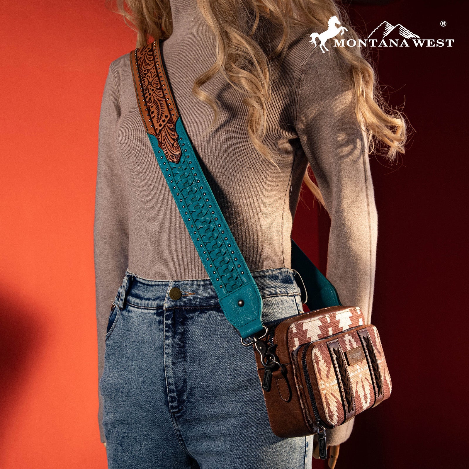 Montana West Western Turquoise Floral Tooled Crossbody Strap - Montana West World