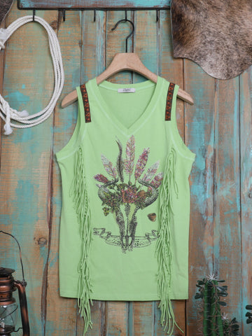 Delila Women Washed Retro Bull Fringe Tank - Montana West World